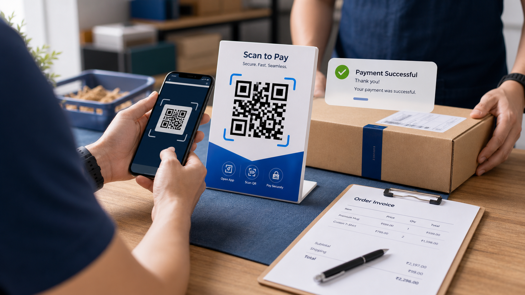 Customer scanning a UPI QR payment tile at a merchant counter