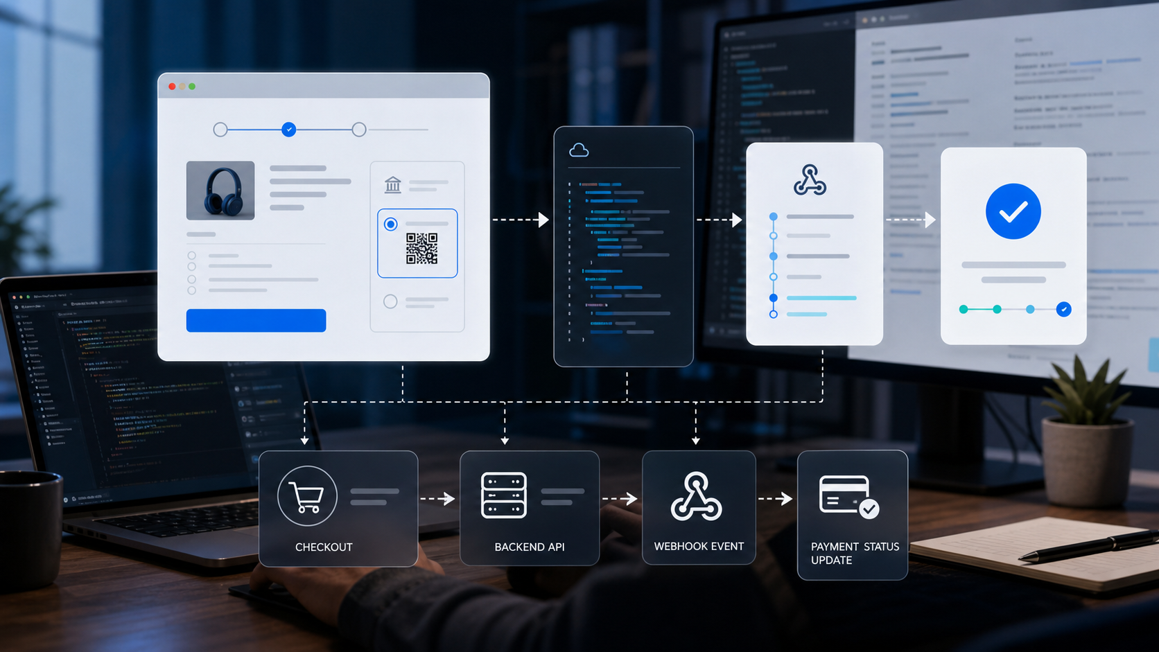Website UPI payment gateway integration flow with API and webhook status updates