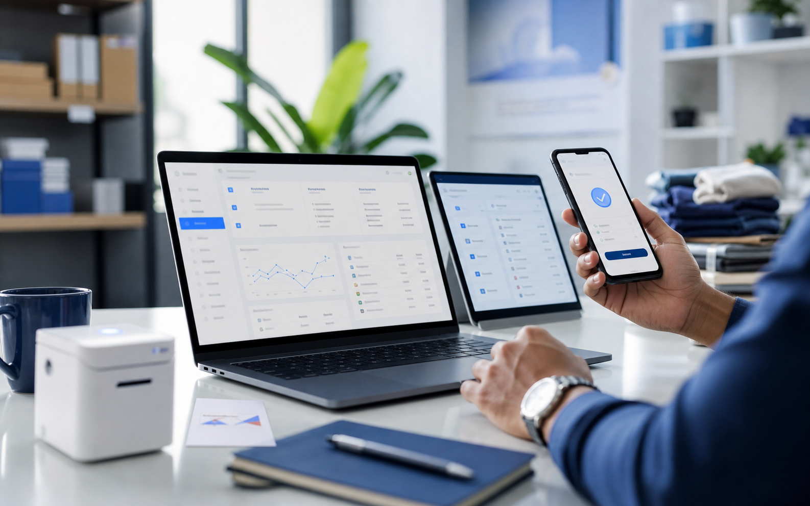 Merchant workspace with UPI payment gateway dashboard and mobile payment approval